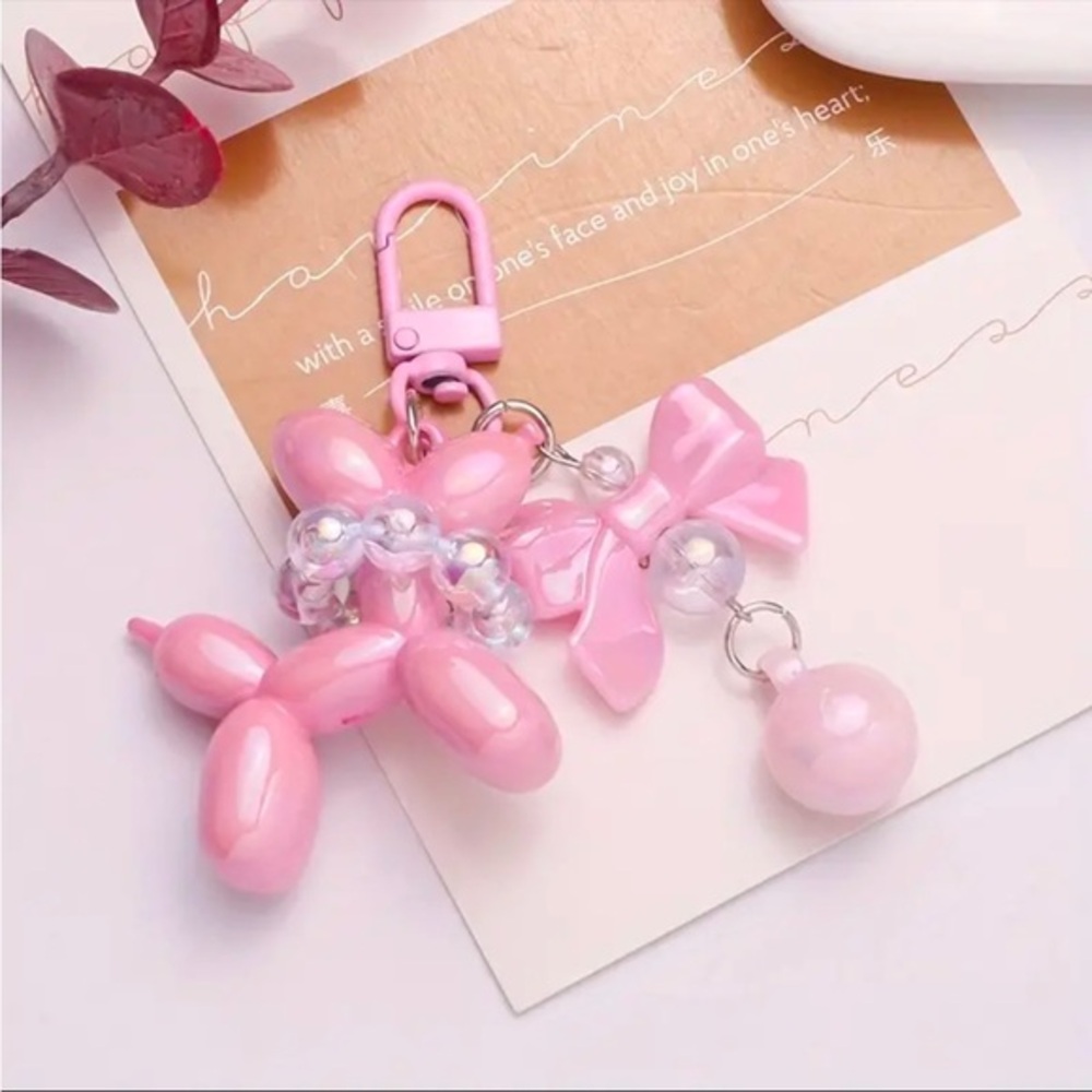 Pink Balloon Dog Acrylic Keychain Bag Charm Bow Bead Pendant NWT